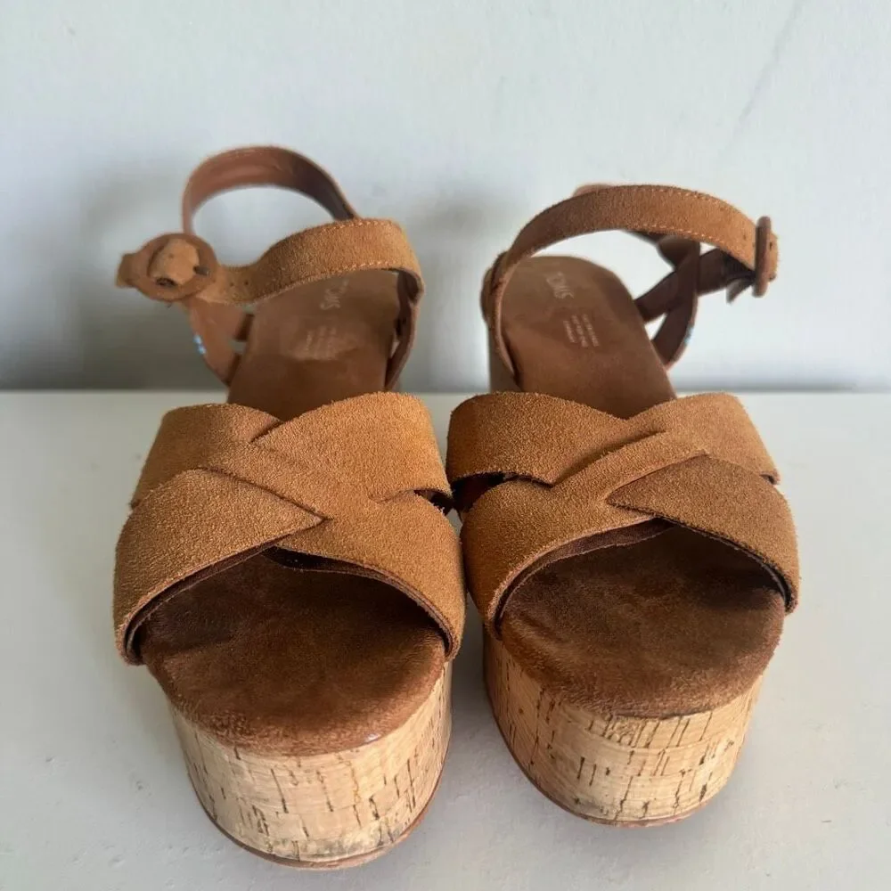 TOMS Suede Criss Cross Platform Cork Sandals Size 9.5 Tan